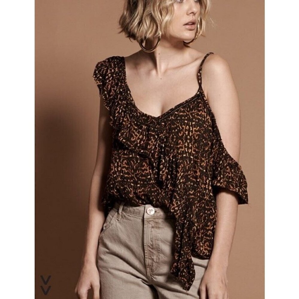 New One Teaspoon Africa Ashely Top Womens XS Off Shoulder Blouse Leopard Tobacco